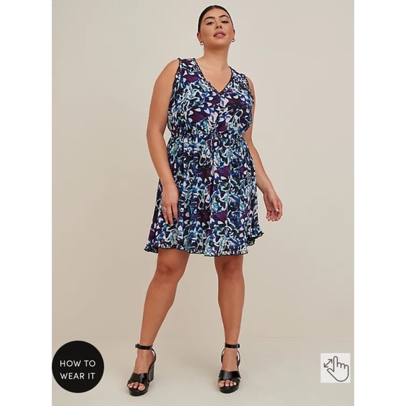 NWT TORRID Mini Chiffon Ruffle Dress - Black Abstract - Picture 3 of 9